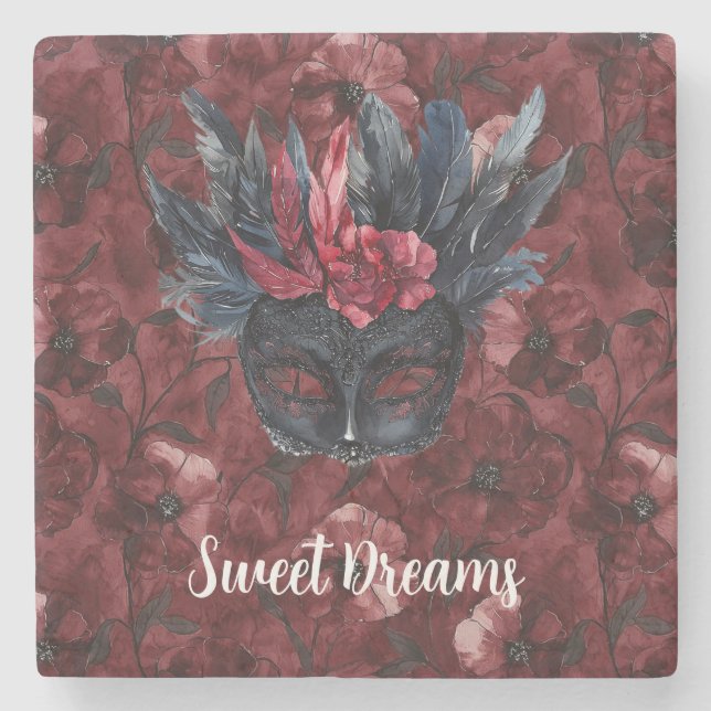 Black Burgundy Red Feathers Mask Stenunderlägg (Framsidan)