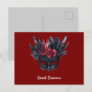 Black Burgundy Red Feathers Mask Vykort