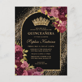Black Burgundy Red Guld Glitter Blommigt Quinceane Inbjudan Vykort