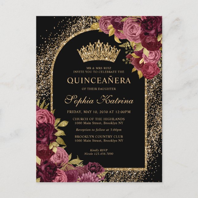 Black Burgundy Red Guld Glitter Blommigt Quinceane Inbjudan Vykort (Framsida)
