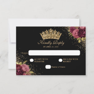Black Burgundy Red Guld Glitter Blommigt Quinceane OSA Kort