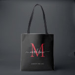 Black Burgundy Red Monogram Script Namn Initial Tygkasse<br><div class="desc">Modern Black Burgundy Red Monogram Elegant Script Namn Initial Tote Bag</div>