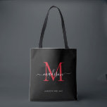 Black Burgundy Red Monogram Script Namn Initial Tygkasse<br><div class="desc">Modern Black Burgundy Red Monogram Elegant Script Namn Initial Tote Bag</div>