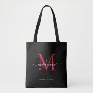 Black Burgundy Red Monogram Script Namn Initial Tygkasse