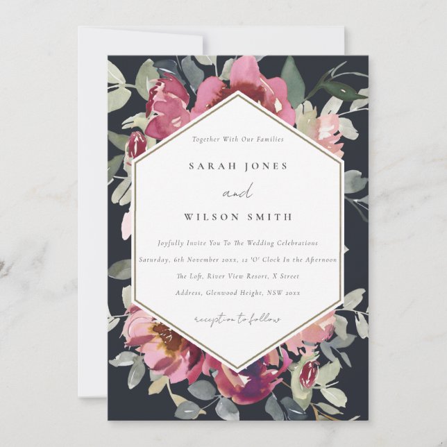 BLACK  BURGUNDY RO BLOMMIGT WEDDING INVITE TACK KORT (Framsida)