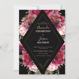 Black Burgundy Rosa Vacker Blommigt Bröllop Magnetisk Inbjudningskort