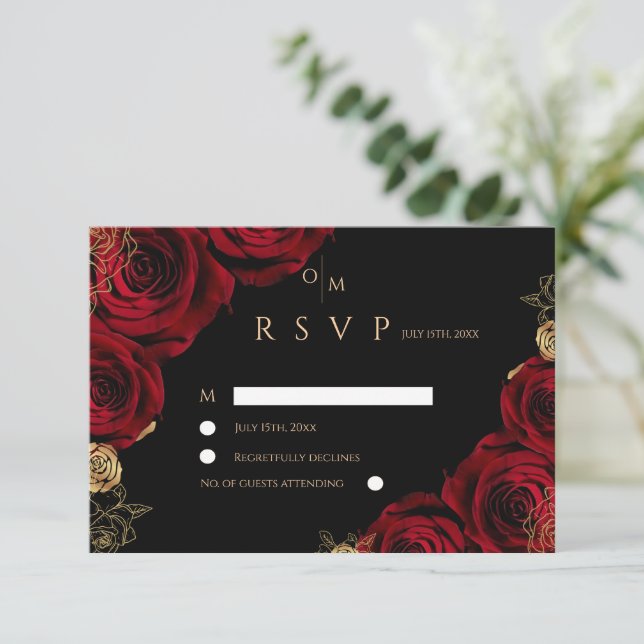Black Burgundy Roses Wedding RSVP card OSA Kort (Stående Fram)