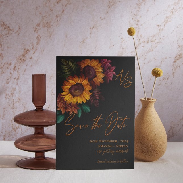 Black Burnt Orange Monogram Bröllop spara datum (Black Burnt Orange Elegant Wedding Save the Date Invitation)