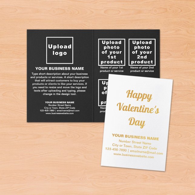 Black Business Brand på Valentine Foil Card Folierat Kort (Black business brand with products on Valentine folded foil card on table.)