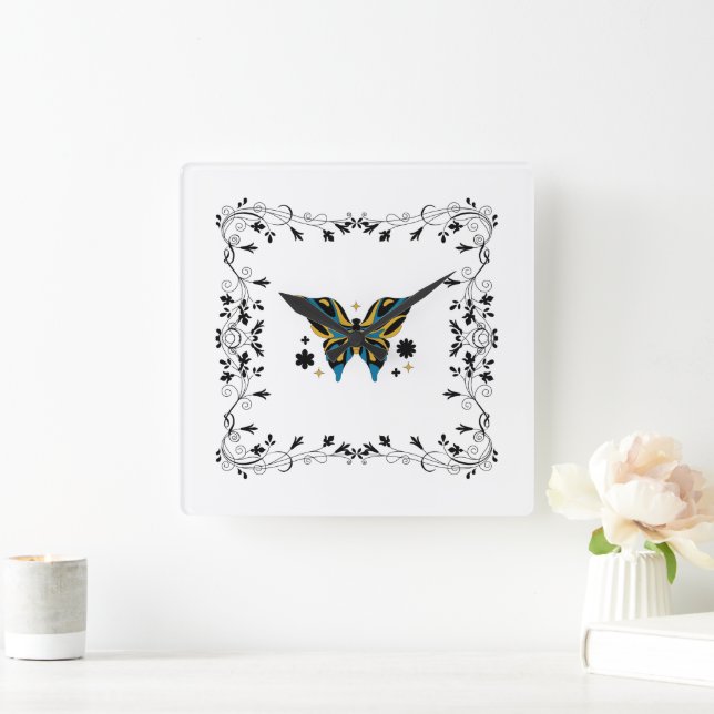 Black Butterfly Blommigt Art, Whimsical Fluttering Fyrkantig Klocka (Hem)