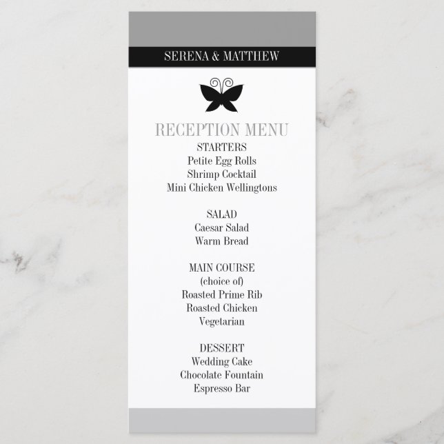Black Butterfly Bröllop Menu Meny (Framsida)