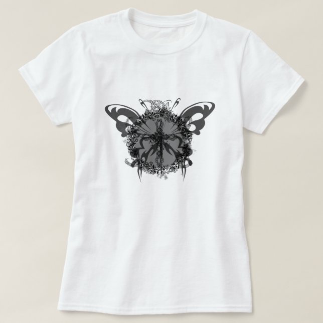 Black Butterfly Kor Mörk Flower Ram Blommigt T Shirt (Design framsida)