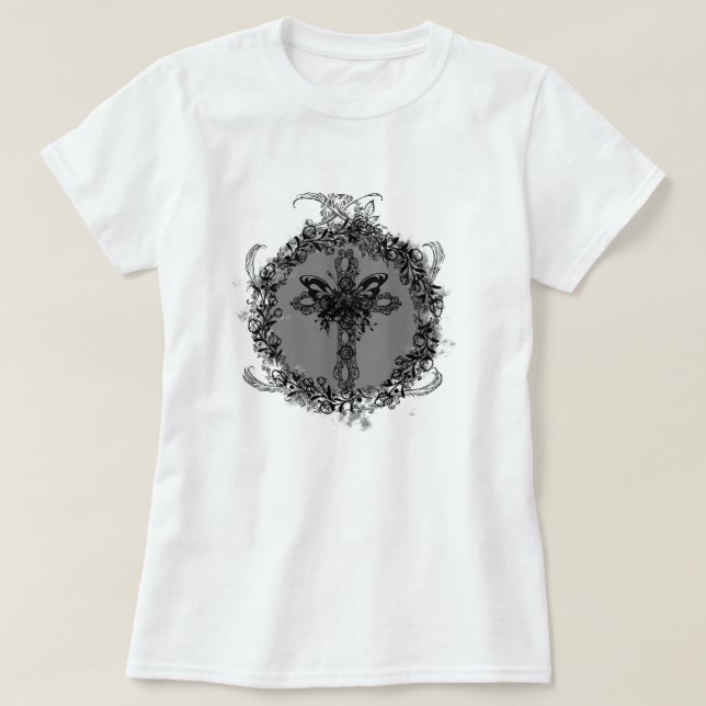 Black Butterfly Kor Mörk Flower Ram Blommigt T Shirt (Design framsida)