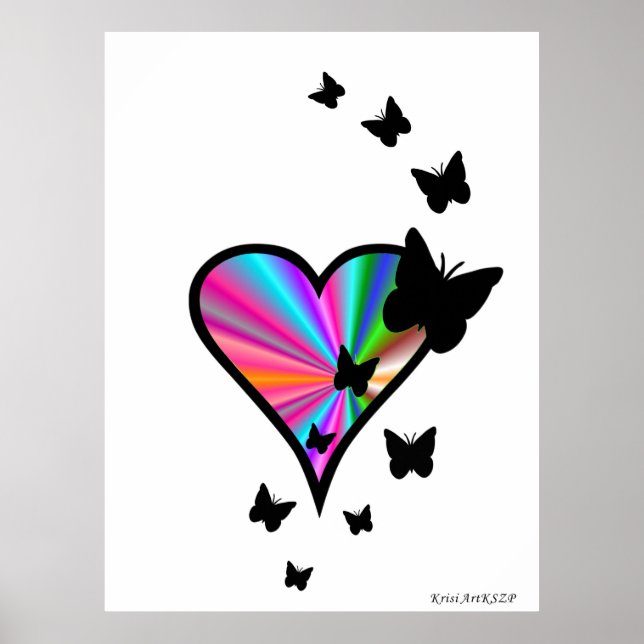 Black Butterfly on Rainbow Heart Poster (Framsidan)