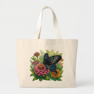 Black Butterfly Savoring a Rosa Zinnia With Grönt Jumbo Tygkasse