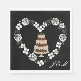 Black cake Topper napkin with a heart flowers Pappersservett