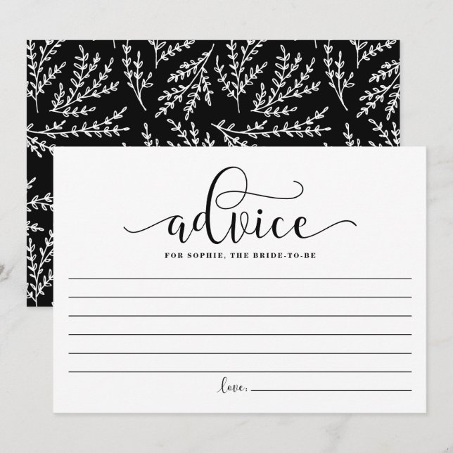 Black Calligraphy Adivce for the Bride to be Rådkort (Fram/baksida)