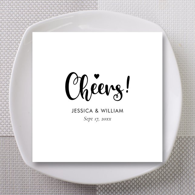 Black Calligraphy Cheers Bröllop Napkins - White Pappersservett (Personalized Black Calligraphy Cheers Wedding Napkins - White)