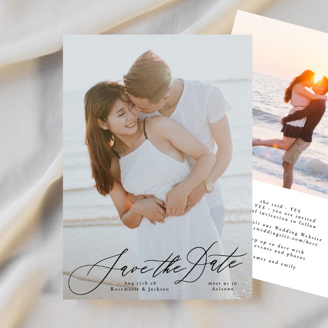 Black Calligraphy Elegant Photo the Bröllop Spara Datumet (Skapare uppladdad)