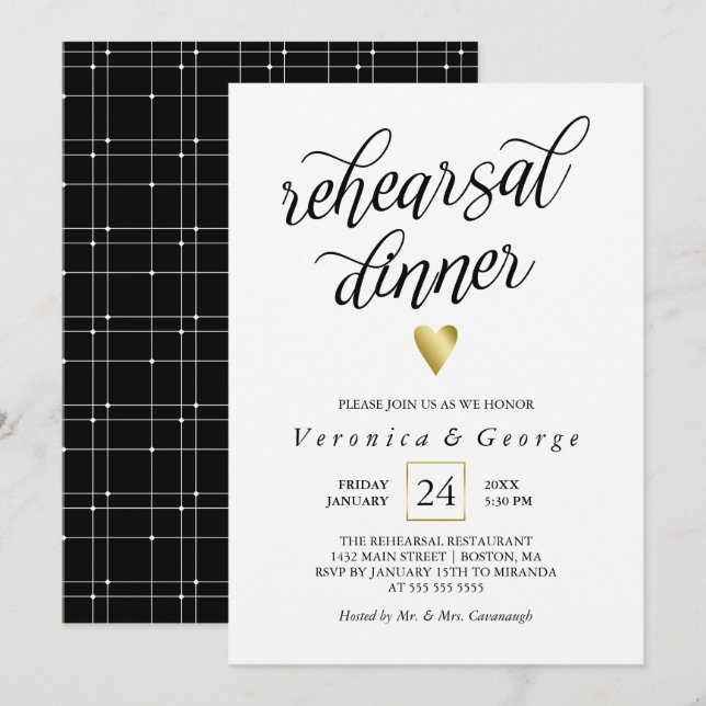 Black Calligraphy Guld Heart Rehearsal Dinner Inbjudningar (Fram/baksida)