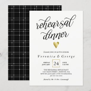 Black Calligraphy Guld Heart Rehearsal Dinner Inbjudningar