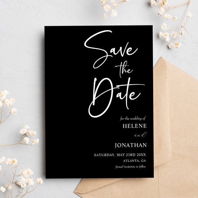Black Calligraphy Minimalist Bröllop Spara Datumet (Black Calligraphy Minimalist Wedding Save The Date)
