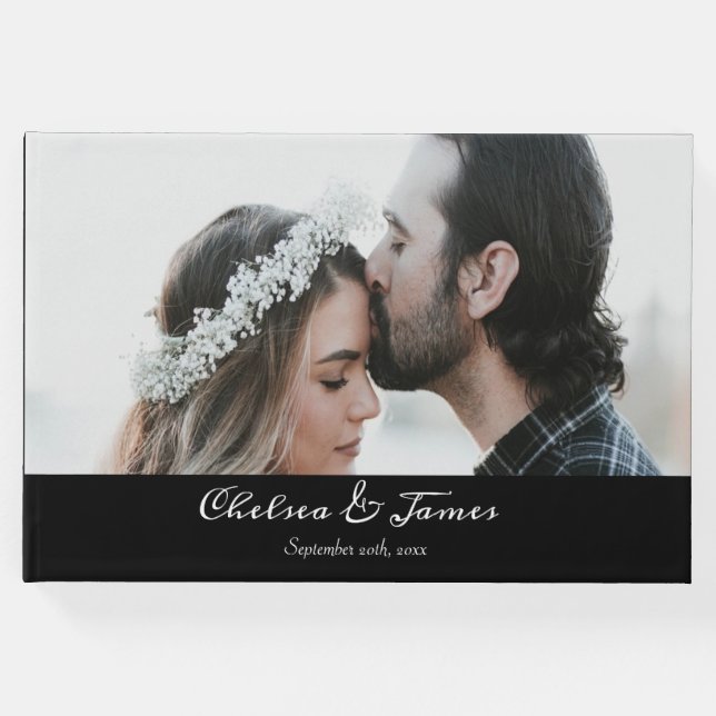 Black Calligraphy Script Photo Bröllop Gästböcker (Framsida)