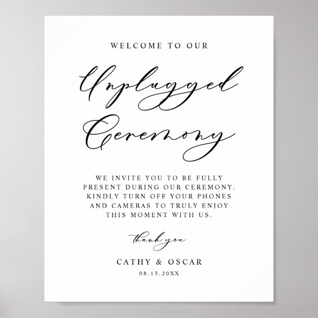 Black Calligraphy Unplugged Wedding Ceremony Poster (Framsidan)
