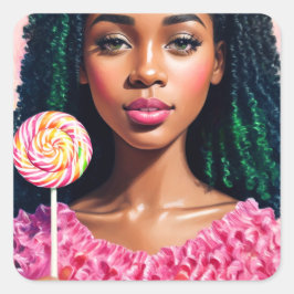 Black Candy Girl Lollipop Beauty Fyrkantigt Klistermärke