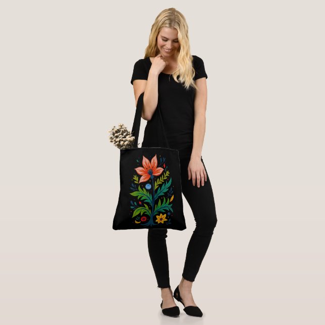 Black Canvas Folk Art Flower Tree Dark Boho Tygkasse (På modell)