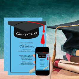 Black Cap Diploma Modern Himlar Blue Studentfest Inbjudningar