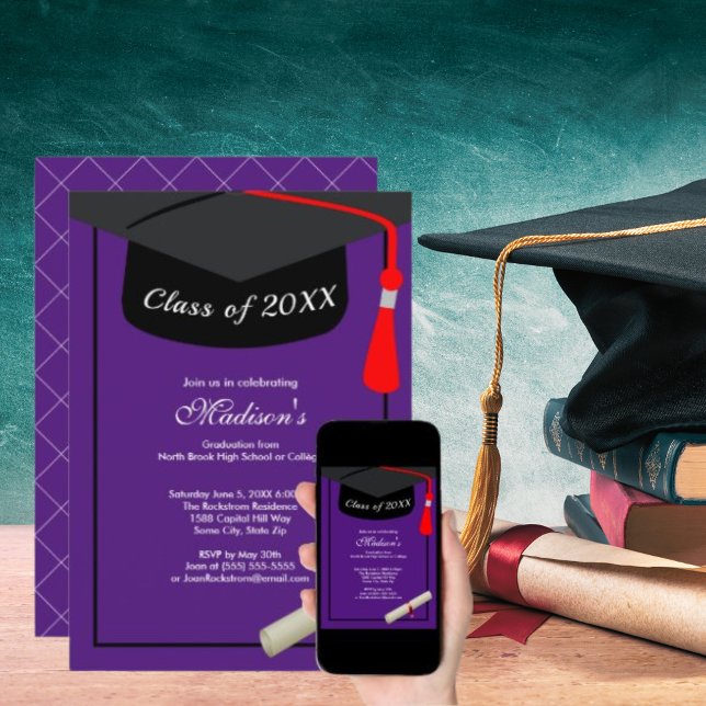 Black Cap Diploma Modern Lila Studentfest Inbjudningar (Black Cap Diploma Modern Purple Graduation Party Invitation)