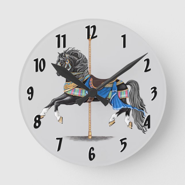 Black Carousel Horse Rund Klocka (Framsida)
