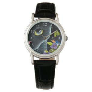 Black Cat 557 Blue butterfly Flowers Armbandsur