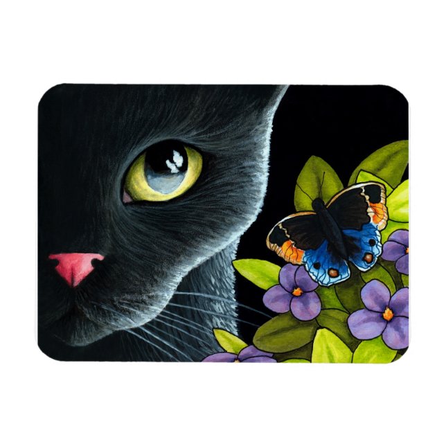 Black Cat 557 Blue butterfly Flowers Magnet (Horisontell)