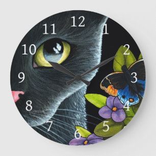 Black Cat 557 Blue butterfly Flowers Stor Klocka