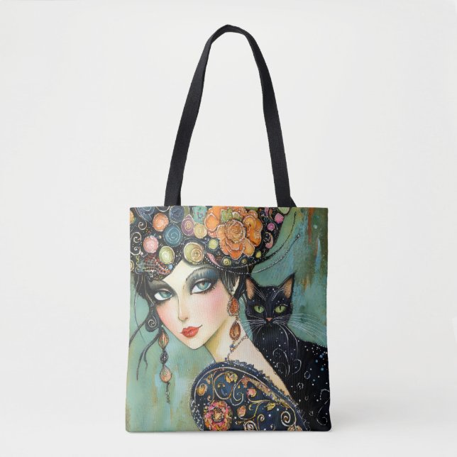 Black Cat and Beresh Woman Tote Bag Tygkasse (Framsida)