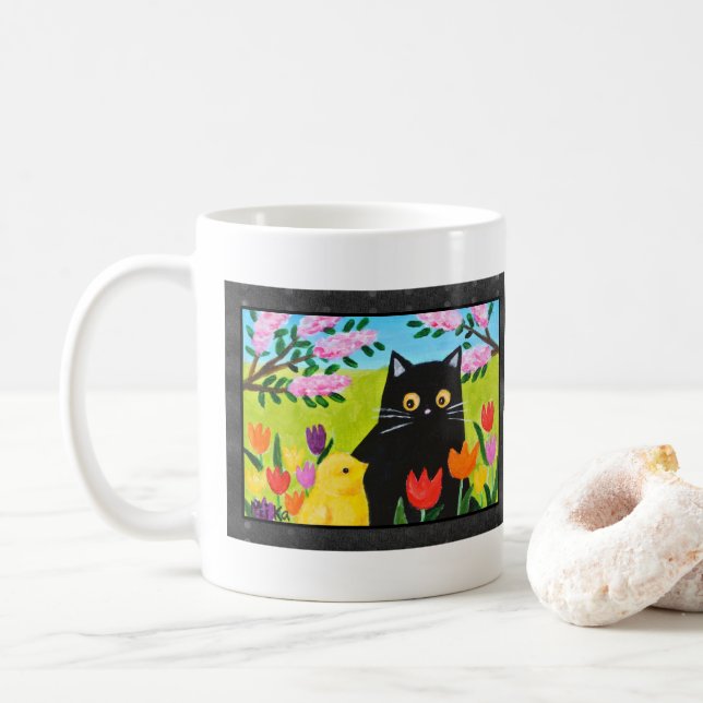 Black Cat and Chick Cute Folk Art Cat Lover Gift Kaffemugg (Med munk)