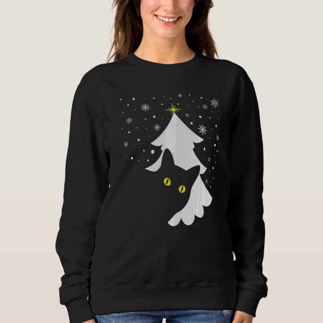 Black Cat and Christmas Tree  Cat Xmas T Shirt (Framsida)