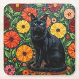 Black Cat and Colorful Folk Art Flowers Underlägg Papper Kvadrat