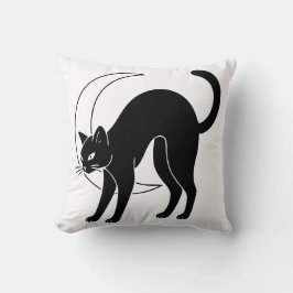 Black Cat and Crescent Moon Line Art Kudde