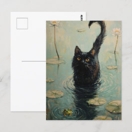 Black Cat and Frog i Lily Pond Vykort