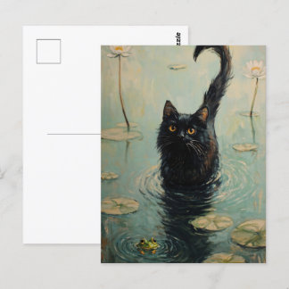 Black Cat and Frog i Lily Pond Vykort