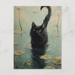Black Cat and Frog i Lily Pond Vykort