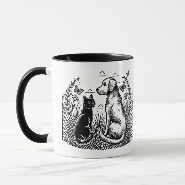 Black Cat and Golden Retriever Silhouette Mugg (Vänster)