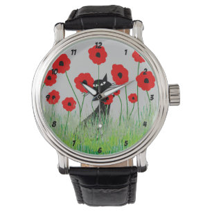 Black Cat and Poppies Watch Armbandsur