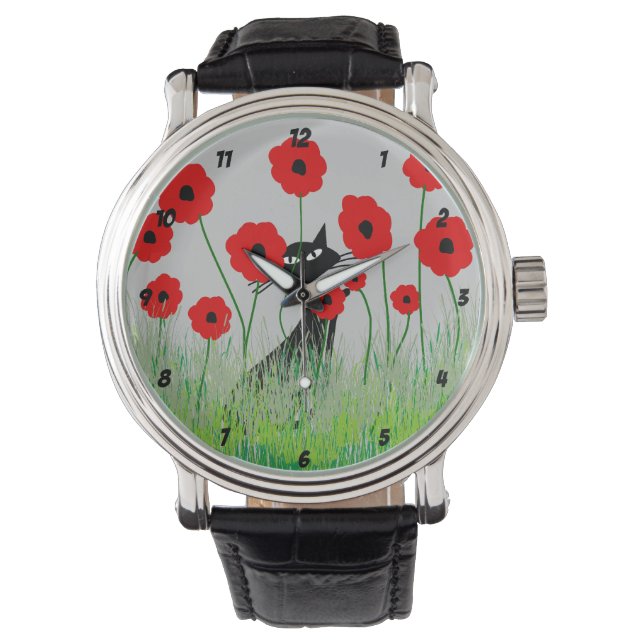 Black Cat and Poppies Watch Armbandsur (Framsida)