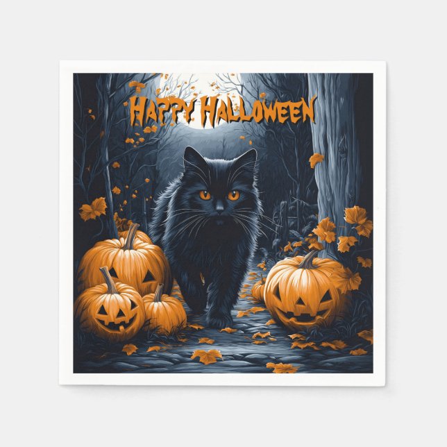 Black Cat and Pumpkin Forest Halloween Pappersservett (Framsidan)