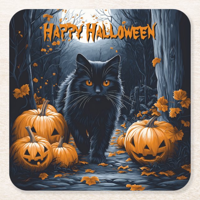 Black Cat and Pumpkin Forest Halloween Underlägg Papper Kvadrat (Framsidan)