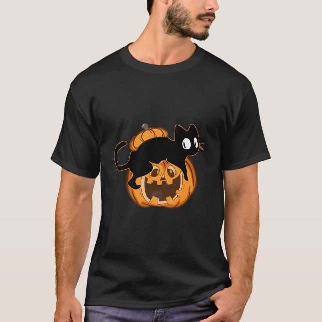Black Cat And Pumpkin Halloween T Shirt (Framsida)